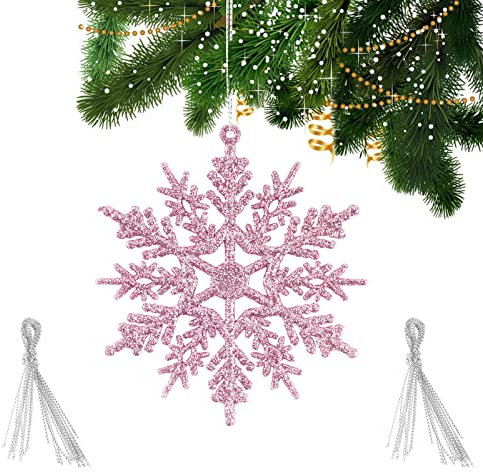 FLOFIA 24pz Fiocchi di Neve da Appendere Albero di Natale Fiocco di Neve Plastica Glitter Ornamenti Decorazione Natalizia Fai da Te per Finestra Vetrina Matrimonio Compleanno Natale Roso