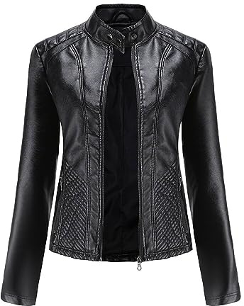 YFFUSHI Femme Veste en Simili Cuir Décontracté Style Motard PU Biker Blouson Cuir en Col Montant,Noir,XL