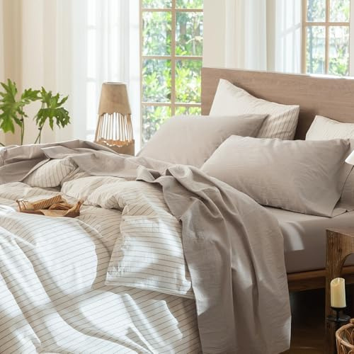 MOOMEE Bettwäsche-Set, 100% Gewaschene Baumwolle, Leinen, strukturiert, atmungsaktiv, langlebig, weich, bequem (cremegrau, Kingsize)