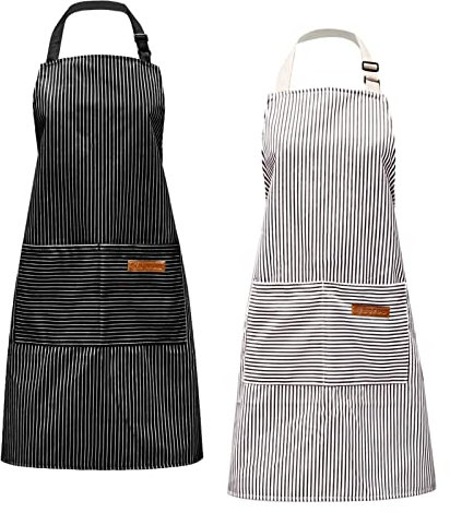 2 Stück Kochschürze mit verstellbarem Nackenbügel und 2 Taschen Küchenschürze Latzschürze Schürze aus Baumwolle Leinen Kochschürzen für Frauen Männer Kochen Backen Gemälde Gartenarbeit (Schwarz&Grau)