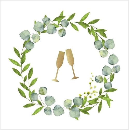 Miss Lovely Servietten Sekt-Empfang Hochzeits-Servietten Botanical EUKALYPTUS Servietten mit Blätter-Ranke weiß grün Gold Tisch-Dekoration Deko Hochzeit Zubehör kleine Cocktail-Größe 60 Servietten