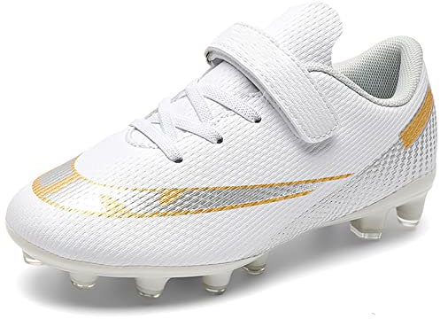 ASOCO DREAM Football Boots Boys' Astro Turf Trainers Kids Outdoor Low-Top Spike Soccer Shoes Teens Football Athletic Sneakers,White,11 UK Child