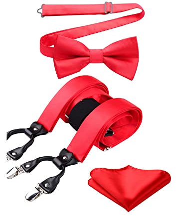 HISDERN Hosenträger Herren Rote Fliege und Hosenträger Set Herren Klassische Einstellbar Y Form mit 6 Extra Stark Clips Hochzeit Braces