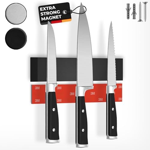 CUCINO Porte-couteau magnétique de cuisine avec aimant extra-fort - Installation facile avec ruban adhésif 3M, Aimant à couteau mural noir - 25cm