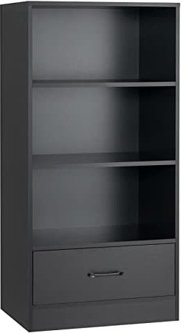 COSTWAY Wooden Bookcase, Freestanding Storage Bookshelf Cabinet with 3-Tier Open Shelves & Drawer, Display Rack Shelving Unit Cupboard for Living Room, Bedroom, Hallway and Office (Black)