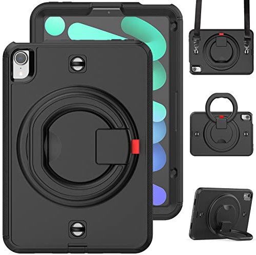V-MOTA 8.3 Inch Flat Protect Compatible with New iPad Mini 6 (2021 Model), Rugged Heavy Duty Shockproof Rotatable Kickstand Bracelet Protective Cover (Black)