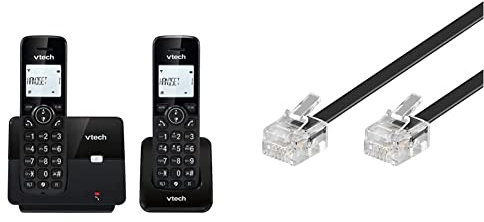 VTech CS2001 schnurloses Telefon mit 2 Mobilteilen, ECO+ Modus, Festnetztelefon, schwarz & Goobay 50320 Modularanschlusskabel, Telefonkabel, RJ11 Stecker (6P4C) auf RJ11 Stecker (6P4C), schwarz, 15m