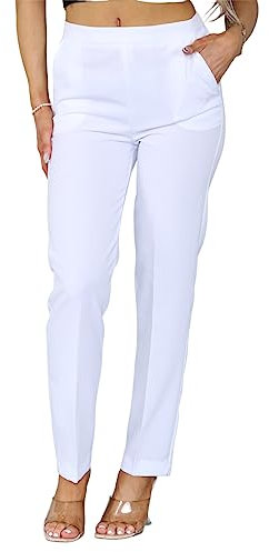INSAFIANS Women Half Elasticated Pull Up Pants | Ladies Office Wear Trousers | Work Formal (as8, Numeric, Numeric_14, Regular, Short, White)