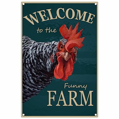 CREATCABIN Hühnerstall-Schild,Bauernhaus-Dekoration,Wandkunst,Vintage-Poster,Metallblechschild,Retro-Plaketten Für Hühnerstall,Bauernhof,Erntedankfest,20x30cm–Willkommen Auf Dem Lustigen Bauernhof