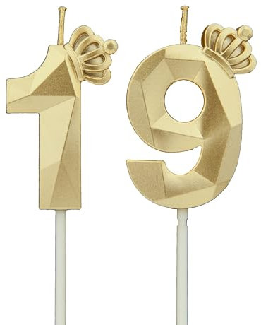 DTXLX Velas 3D cumpleaños Dorado números 19 con corona, para tartas, decoración cumpleaños, velas cumpleaños niños, fiestas, bodas, fiestas empresa, aniversarios (Dorado #19)