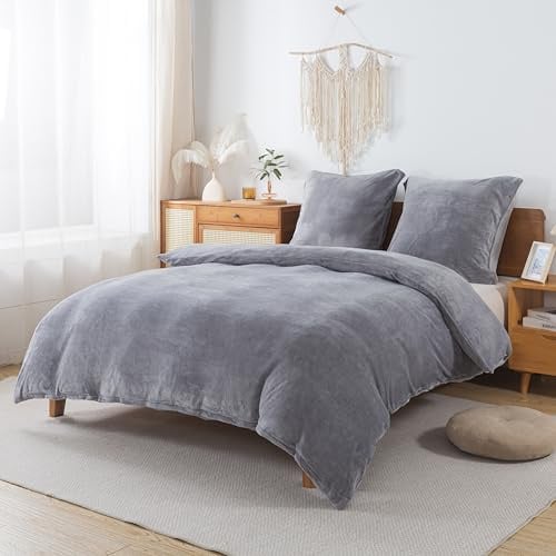 WUMIUER Plüsch Bettwäsche 200x220 cm Grau 3tlg Set, Winter Biber Warm Flauschig Bettbezug und 2 Kissenbezüge 80x80cm, Kuschelig Weich Cashmere Touch Flanell Fleece Bettdeckenbezug Bettdecke Cover