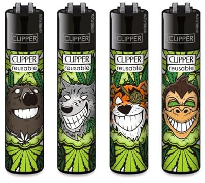 Clipper® Feuerzeuge im Multipack - 4er Set mit coolem Look - Nachhaltig NEU - INKL Gratis Crystal Deko Balls (Smiling Animals)