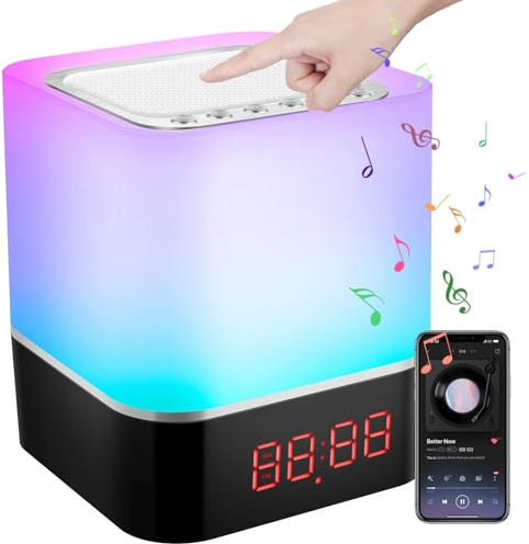 HOPPIK Luces Nocturnas Altavoz Bluetooth, 5 en 1 Lámpara de Noche Smart Touch, Luces Despertador, Llamada Manos Libres, Luz de Noche Multicolor RGB Regulable, Regalo para Adolescentes, Mujeres, niños