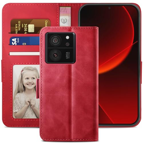 YATWIN Handyhülle für Xiaomi Mi 13T 5G Hülle, Klapphülle Xiaomi Mi 13T Pro 5G Premium Leder Brieftasche Schutzhülle [Kartenfach] [Magnet] [Stand] Handytasche Case für Xiaomi 13T/13T Pro, Rot