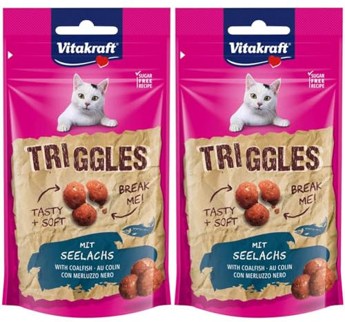 Vitakraft Triggles, Katzensnack, mit Seelachs, portionierbar in DREI Häppchen, ideal als Belohnung oder Training, ohne Zuckerzusatz (1x 40g) (Packung mit 2)