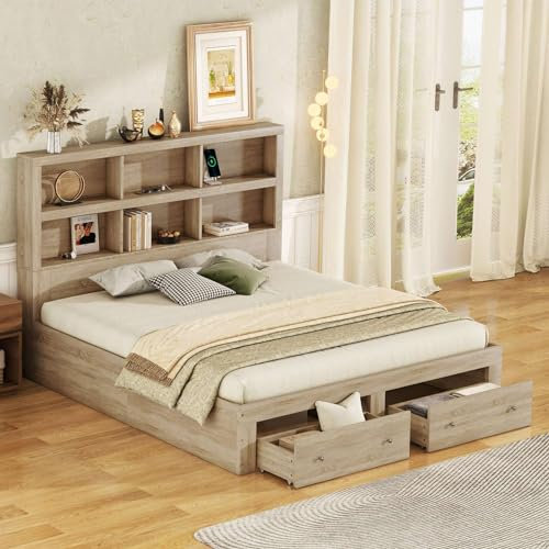 KOMHTOM Lit Double Lit en Bois avec 2 Tiroirs de Rangement, 160 x 200cm Cadre de Lit Plateforme avec Support à Lattes, Moderne(sans Matelas) (Naturel)
