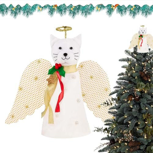 Katzenornamente für Weihnachtsbaum, weißer Engel, Katzen-Weihnachtsbaumdekoration, Weihnachtskatzen- mit Sternbändern, roten Beeren, Exquisite Katzen-Weihnachtsschmuck für Baum