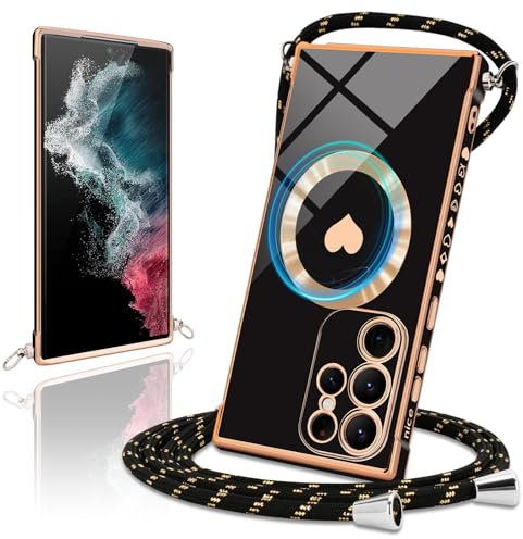 Micoden Coque Magnétique pour Samsung Galaxy S22 Ultra 5G Coque Silicone Galvanisé Mignon Étui Bumper Case Compatible avec Magsafe avec Cordon/Collier Réglable Tour de Cou Lanière Corde,Noir