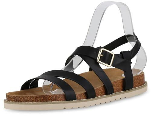 VAN HILL Damen Riemchensandalen Flach Profilsohle Trendy Schuhe 215784 Schwarz 42