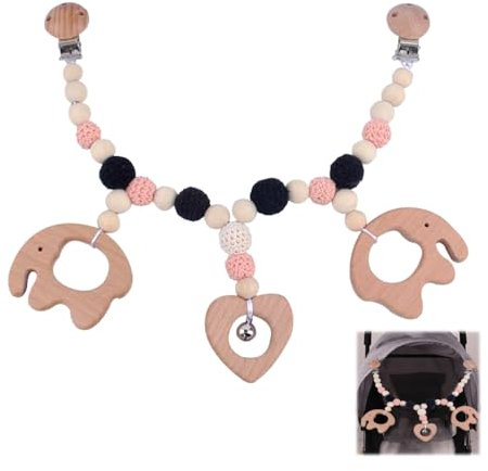 KYKEZ Kinderwagenkette Holz, Kinderwagen Kette für Babys, Kinderwagenkette Mädchen Junge, Kinderwagen Spielzeug mit Glocke, für ab 0+ Monaten (Elefant)
