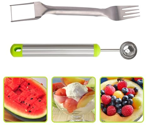 2-in-1 Stainless Steel Watermelon Fruit Cutter Slicer Tool and Melon Baller Scoop Fruit Ball Cutter Set, Dual Head Fork Knife Melon Cutter Cutting Tool.