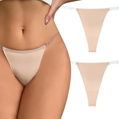 FEOYA Women Seamless Panties Adjustable G String Thongs Clear Strap Thongs Ice Silk Underwear Invisible Briefs 2pcs