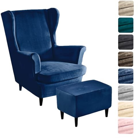 Alishomtll 3 Teilig Ohrensessel Überzug Mit Ottomane Schonbezug Stretch Samt Sessel-Überwürfe Elastisch Einfarbig Sesselhusse Strandmon Tiger Stuhlbezug mit Armlehne Hohe Rückenlehne (Marineblau)