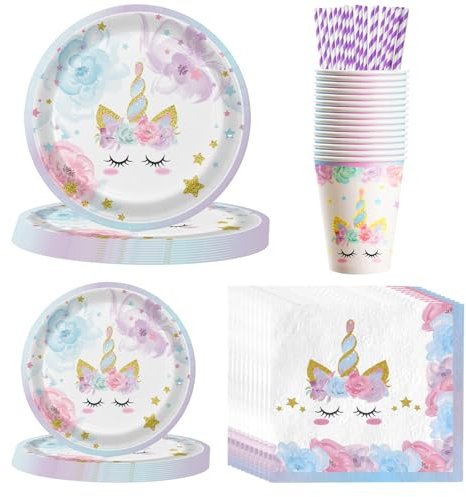 MORAINJAY 84 Pièces Vaisselles Anniversaire Kit pour Enfants à Thème Violet Licorne avec Assiettes Papier Serviettes Tasses et Pailles,Idéal pour Fêtes d'Enfants,Table Décoration Joyeuse -16 Invités