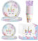 MORAINJAY 84 Pièces Vaisselles Anniversaire Kit pour Enfants à Thème Violet Licorne avec Assiettes Papier Serviettes Tasses et Pailles,Idéal pour Fêtes d'Enfants,Table Décoration Joyeuse -16 Invités