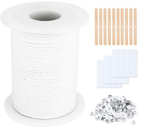Kerzendocht Kerzendochte für Kerzen, 61m Dochte für Kerzen 60 Stück Docht Aufkleber 10 Stück Dochthalter und 100Pcs Dochtfüße, Kerzenherstellung Zubehör, für DIY Kerzenherstellung
