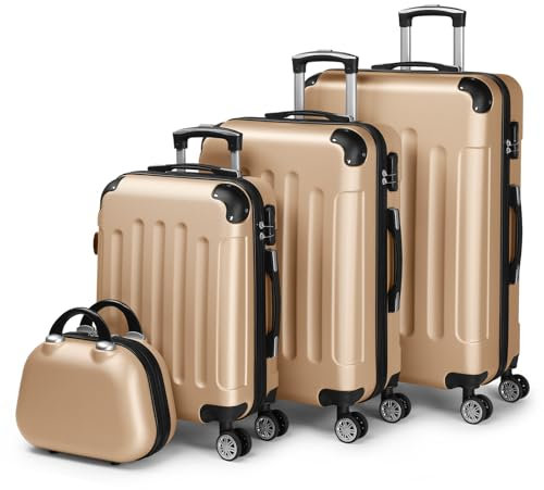 LALAHO Set de 4 Valises avec Vanity Case, Valise Grande Taille, Valise Cabine, Petite Valise, ABS avec Coins Renforcés, roulettes Pivotantes 360°, Cadenas et Poignée Télescopique (Champagne)
