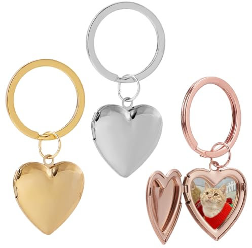 PLIGREAT 3 Pack Heart Locket Keychain, Silver Photo Locket Key Chains for Women Rose Gold Heart Locket Keychain that Holds Pictures Photo Frame Charm Locket Pendants for DIY Craft Mother's Day Gift