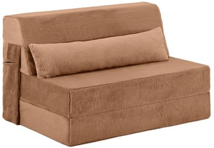 SESHINELL Folding Mattress with Pillow, Twin Size Fold Out Sofa Chair Z Bed with Plush Cover & Storage Side Pocket, Floor Mattress Lounger for Guest Room, Living Room, Dorm, Home Office, Brown