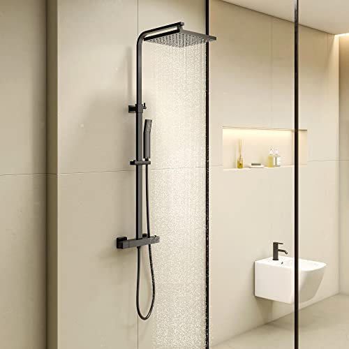 KOMIRO Duschsystem mit Thermostat, Regendusche mit armatur, Duscharmatur Schwarz, Duschgarnitur Kopfbrause, Verstellbarer Duschstange, Duschsäule Eckig