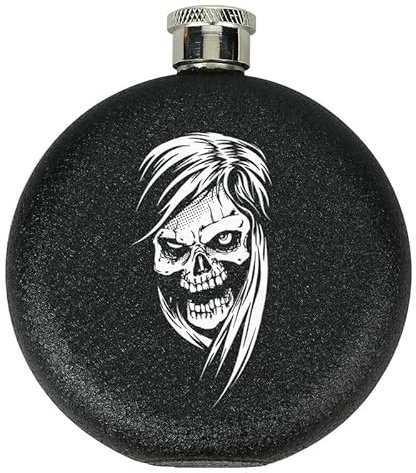 Petaca redonda portátil de 5 onzas, color negro mate esmerilado, de acero inoxidable, para vodka, whisky, botella de vino, embudo para hombre (calavera)