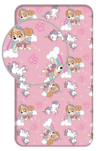 Jerry Fabrics Paw Patrol Sky, Bettlaken Betttuch Spannbettlaken Pink 90 x 200 + 25cm, 100% Baumwolle