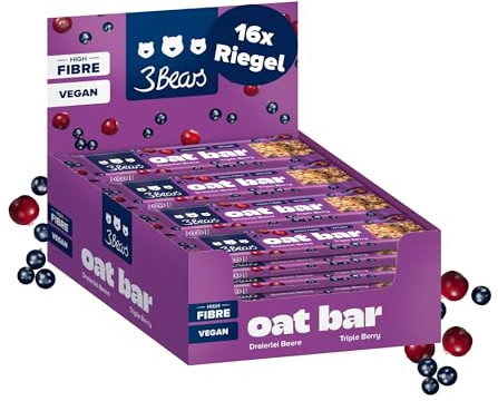 3Bears Oat Bar Dreierlei Beere 16x45g - kaltgepresster Müsliriegel saftig statt bröselig - Hafer-Beeren-Riegel vegan ohne Industriezucker - ballaststoffreich für unterwegs