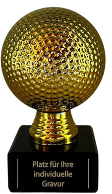 Golf Pokal 13 cm Goldener Golfball Trophäe - Edler Award mit Gravurschild | Massiver Ball aus robustem Kunststoff mit 380 g Gewicht, realistische Metalloptik, fertig montiert für Turniere & Events