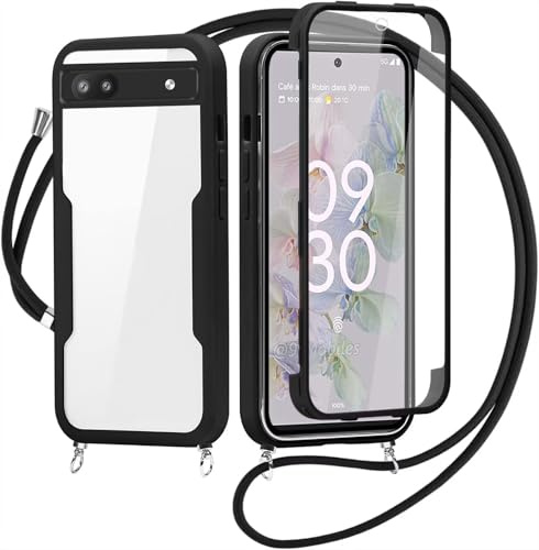 FERLAN Handykette für Google Pixel 6a Hülle mit Band,Transparent 360 Grad Rundumschutz Schutzhülle mit Integriertem Displayschutz Stoßfest Ultradünn Silikon Handyhülle für Google Pixel 6a,Schwarz