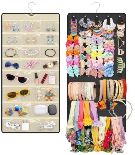 EEEKit Hanging Jewelry Organizer: Dual-sided Hanging Hair Bow Organiser | 20 Clear Pockets & 21 Elastic Bands Wall Hanging Hair Clip Claw Holder for Closet/Door/Wall - Black