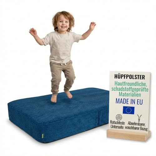 Pillows24 Hüpfpolster für Kinder Indoor 70x110x17 cm, mit abnehmbarem Bezug | Hüpfkissen mit Federn & Schaumstoff, Kindertrampolin für Zuhause, Hüpfmatte mit Cordbezug, Trampolin indoor kinder, Blau