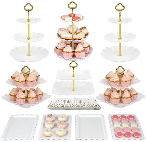Pack of 11 NWK Cake Stand Set of Cupcake Stand, Tray & Table Cloth (Gold) | Includes 3 x 2-Tier & 3 x 3-Tier Cupcake Stands, 4 Appetizer Trays, Plus 1 Tablecloth. Ideal for Parties, Gold Design