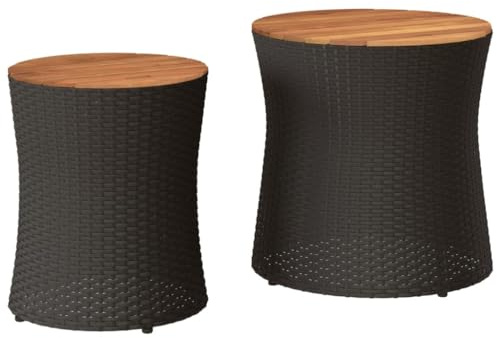 HETFTJN Lot de 2 Tables d'Appoint de Jardin Tables Basses Gigognes en Résine Tressée Noir et Dessus en Bois d'Acacia Massif Tables de Café Extérieur pour Terrasse et Balcon