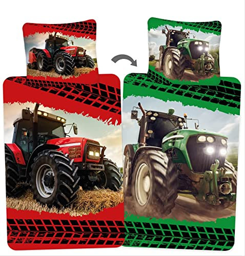 rainbowFUN.de Roter & Grüner Traktor 2in1 Wende-Bettwäsche-Set 135x200 Baumwolle Trecker Bauernhof