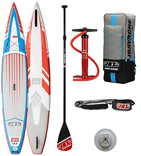 JBAY.Zone SUP Aufblasbares Stand Up Paddel Modell Rush CJ2 12'6'' 380x71x15Cm Racing SUP Board Komplett mit allem Zubehör Pumpe Paddel Rucksack Leash ActionCam Mounts