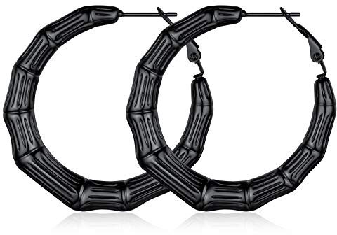 FOCALOOK Damen Hoop Ohrringe 40mm schwarz Edelstahl Bambus Kreis Statement Ohrringe Retro Stil Creolen Ohr Piercing Modeschmuck Accessoire für Bürodamen Office Lady