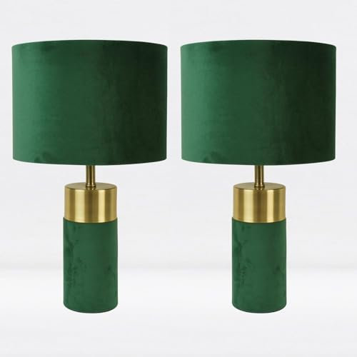 firstchoicelighting Pair of Green Velour with Antique Brass Detail Table Lamps or Bedside Lights Modern Velvet Design Lamps Height 40cm LED Compatible