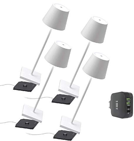 [Amazon Exclusive] Zafferano Kit 4x Poldina Pro Kabellose LED-Tischlampe Wiederaufladbar Touch-Dimmer - IP65 Innen/Außeneinsatz, Aluminium, H38cm mit Mehrfach-USB-Ladegerät, Weiß