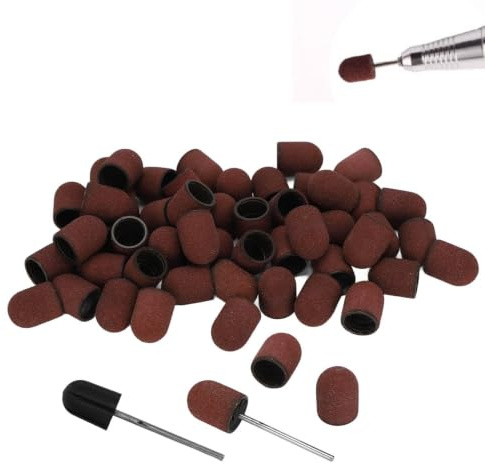 50Pcs Nail Drill Bits Sanding Bands, Nail Dedicated Head Grinding Sanding Cap Polisher Sand 180# Grit Nail Sanding Cap with 2pcs Sanding Shaft for Acrylic Nails Gel Manicures Pedicures Tools