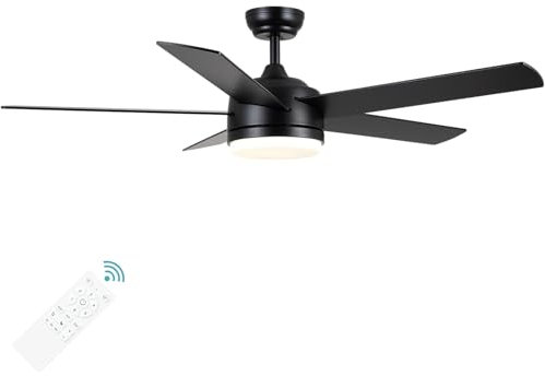 YUHAO Ventilador de techo negro de 52 pulgadas con luces y control remoto, LED de temperatura tricolor regulable, motor reversible silencioso, ventiladores de techo modernos de 5 aspas para interiores